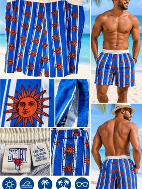 Vintage Sport U Swim Trunks Large 36-38 Blue Sun Celestial Nylon Beach Shorts